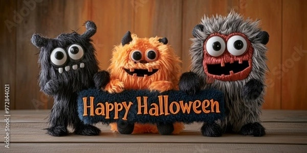 Fototapeta Colorful Monsters Displaying a Crafted Happy Halloween Sign in a Cozy Setting
