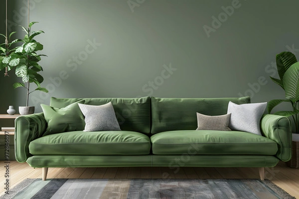 Fototapeta Green sofa and decor in living room 3D render mockup. Generative Ai.