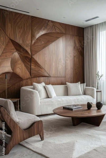 Fototapeta A photo of a mid-century modern interior in a living room with walls and sofas patterned using wood. Generative AI
