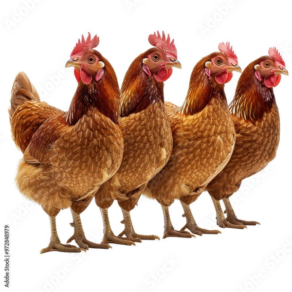 Fototapeta Four brown chickens standing in a row isolated transparent background