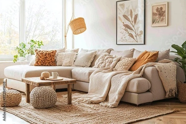 Fototapeta Minimalist, modern Scandinavian interiors in the living room with sofa and knit poof. Generative AI
