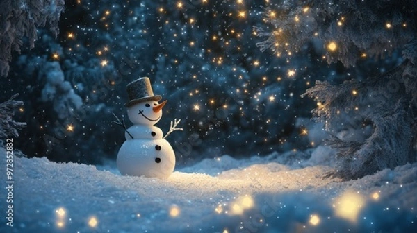 Fototapeta Magical winter night with a snowman and sparkling stars above, illuminating the snow