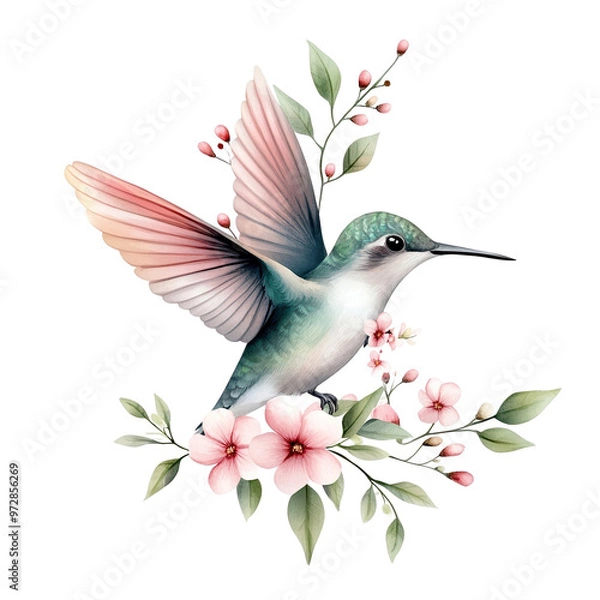 Fototapeta A vibrant hummingbird in flight surrounded by delicate pink flowers and green leaves, symbolizing nature's beauty and grace.