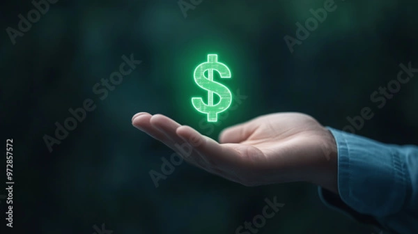 Fototapeta A glowing green dollar sign hovers above an open hand, symbolizing wealth and financial opportunities. This image captures essence of prosperity and investment potential.