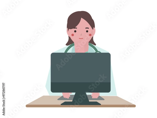 Fototapeta パソコンをするあ白衣を着た医者の女性。ベクターイラスト