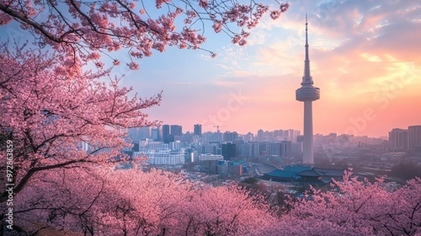 Fototapeta A view of a city skyline with cherry blossoms in the foreground.