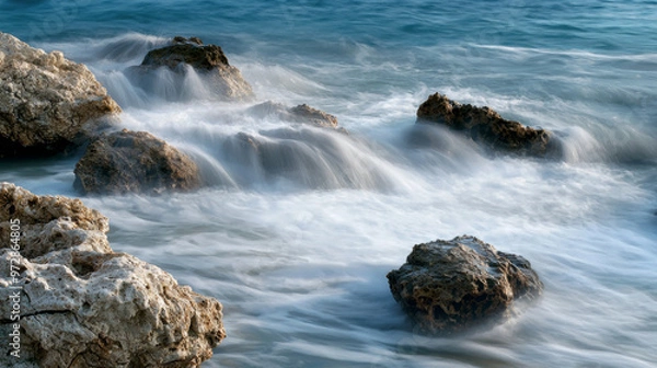 Fototapeta A rocky shoreline with a large body of water in the background
