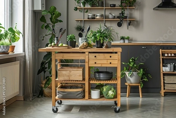 Fototapeta Bamboo Kitchen Trolley with Three Shelves, Two Racks, and Drawer on Wheels in Scandinavian Style Dining Room