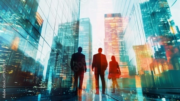 Fototapeta Silhouettes of business professionals stand against a backdrop of modern skyscrapers, symbolizing ambition and urban success.