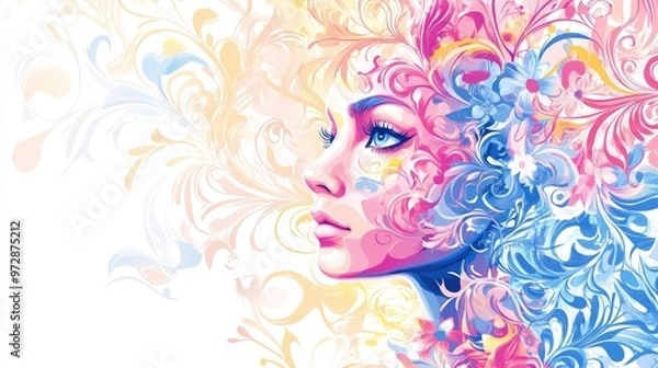 Fototapeta Vibrant floral and swirling patterns in pink, blue, and yellow enhancing the elegance of a stylized woman's face on a white background