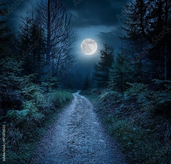 Fototapeta Country path in the middle of a deep dark forest at midnight with no moon in sight.