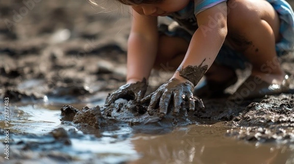 Obraz A small child's hands playing in mud, sculpting shapes and exploring textures, a scene of pure, simple joy