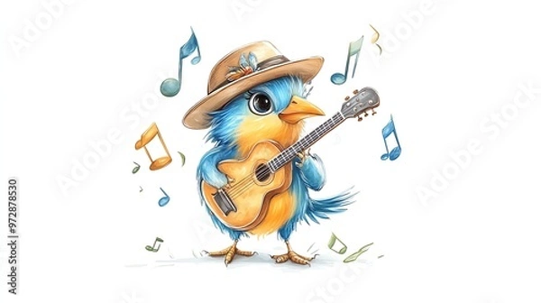 Fototapeta Bird Musician A cartoon bird wearing a hat and holding a guitar, standing on stage with musical notes floating around, performing in a fun, vibrant concert scene