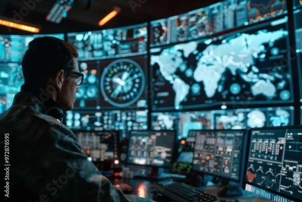 Fototapeta Government surveillance agency and military joint operation agent working at system control center