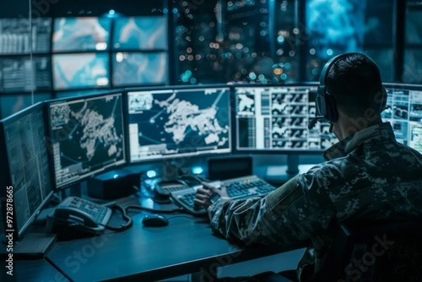 Fototapeta Government surveillance agency and military joint operation agent working at system control center