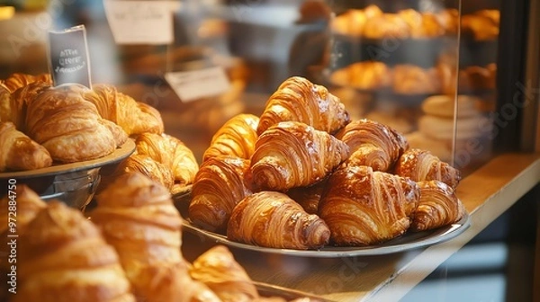 Fototapeta A close-up view of a bakery display case full of golden croissants.