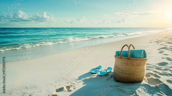 Obraz A large beach tote nestled into the soft sand near the shoreline, surrounded by beach accessories and footprints leading to the water