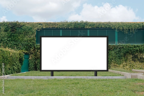 Fototapeta Mock up template: Horizontal billboard out of home (OOH) advertising poster on grass, against background of lush plant wall of building. Bright day, blue sky with clouds. Transparent png file