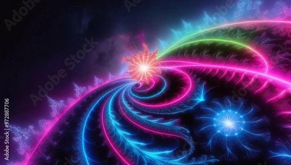 Obraz 3d rendering, abstract futuristic background with neon geometric shape and stormy cloud generative AI