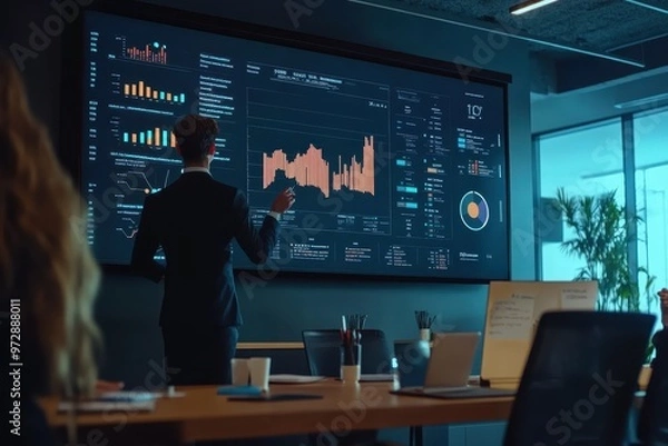 Fototapeta Financial advisor using a digital whiteboard during a virtual consultation â€“ Illustrating personalized investment options for a Gen Z client, showing innovation and trust, remote financial guidance