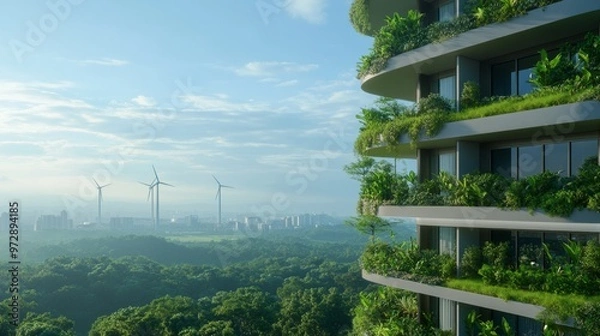 Fototapeta Green Building with Wind Turbines in the Background.