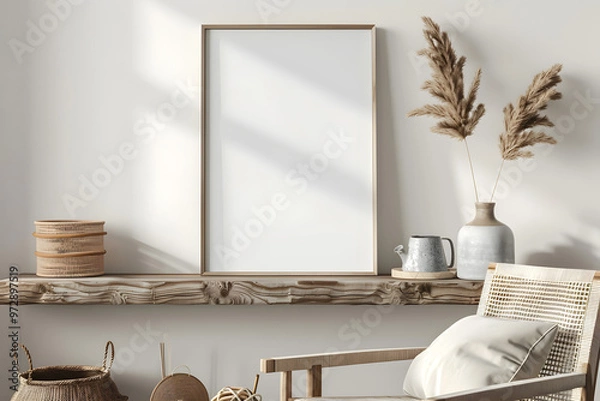 Fototapeta Minimalistic composition of sitting room interior with white mock up frame, wooden shelf, retro chair, rattan basket and elegant accessories. Generative Ai.