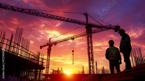 Fototapeta The outlines of cranes and workers are backlit by a stunning sunrise, creating a striking image of construction in motion and the dawn of new possibilities