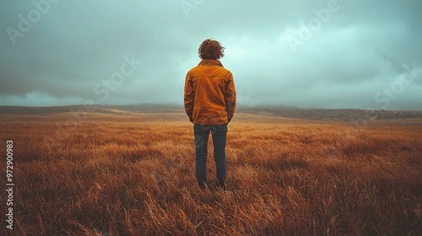 Fototapeta Solitude in the Mist: A Figure Lost in Thought - sadness