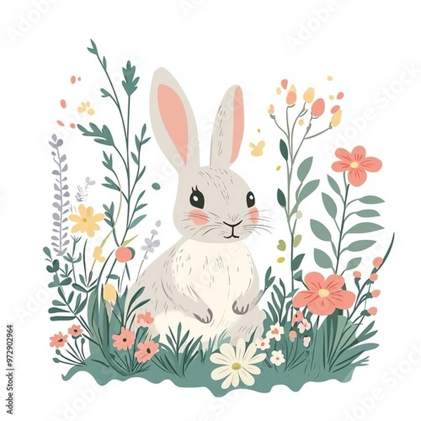 Fototapeta A cute rabbit surrounded by colorful flowers in a whimsical garden, perfect for adding charm to your design.