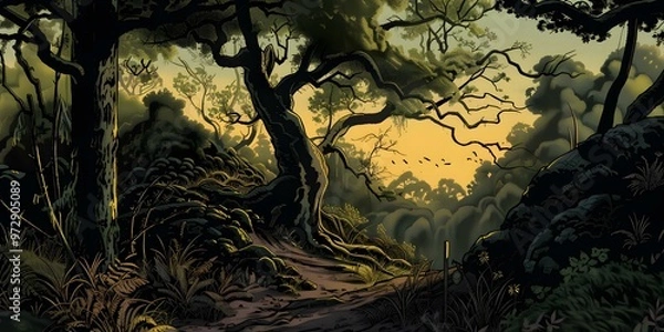 Fototapeta Forest Path Illustration with Trees and Rocks