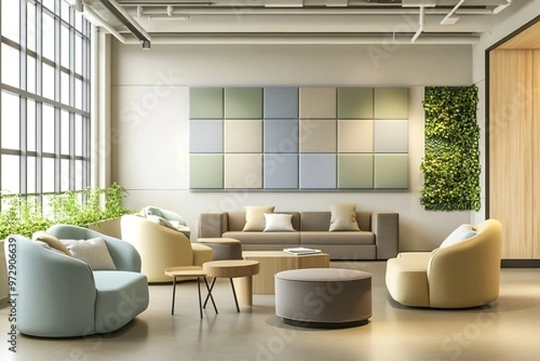 Fototapeta Modern office lounge area with sofas and green wall