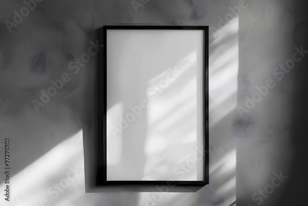 Obraz Mockup black frame photo on wall with shadow. Mock up artwork picture framed. Vertical boarder. Empty board a4 photoframe. Generative Ai.