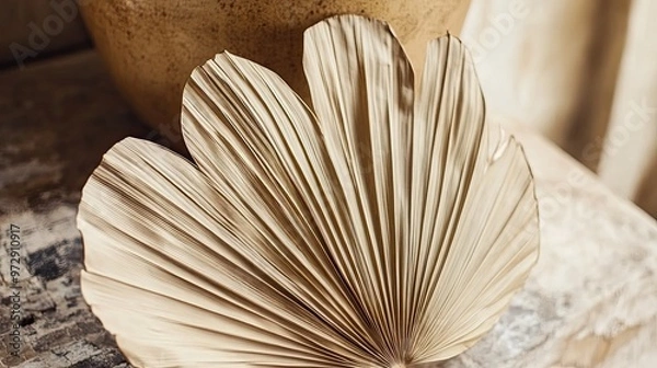 Fototapeta Dried Palm Leaf Fan with a Rustic Background