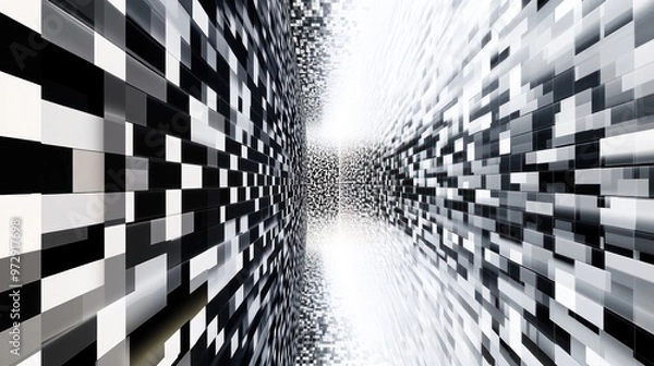 Fototapeta A digital artwork featuring a grid of perfectly aligned squares that gradually transition in color from white to black, symbolizing order and complexity