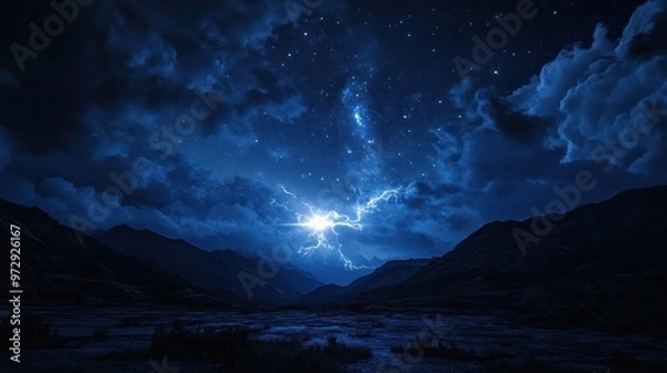 Fototapeta Night Sky Lightning Storm Over Mountains