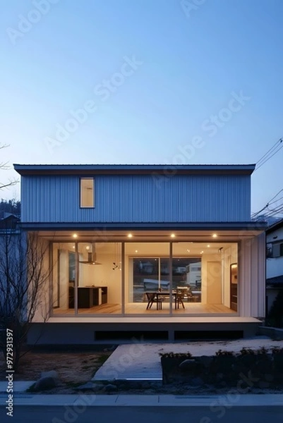 Obraz Modern Japanese House with Large Glass Windows and a Small Garden