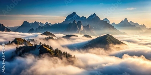 Fototapeta Majestic mountains shrouded in fog , mist, peaks, foggy, serene, tranquil, atmospheric, landscape, nature, outdoors