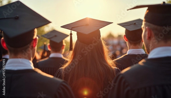 Fototapeta Back view of graduates at a commencement, centered on one student, under warm sunlight.