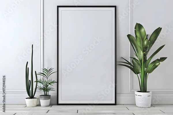 Fototapeta Poster mockup with vertical black frame in white wall interior background 3D render mockup. Generative Ai.