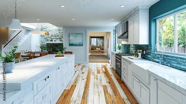 Fototapeta Modern kitchen with white cabinetry, wooden flooring, and a bright, inviting atmosphere.