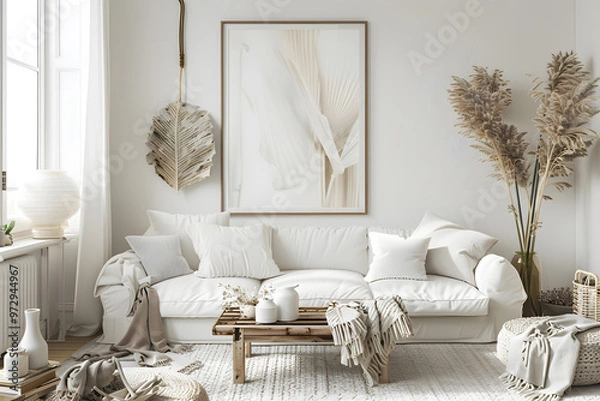 Obraz Posters mock up in Scandinavian interior with white sofa, 3d render Mock up. Generative Ai.