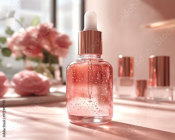 Fototapeta Glass dropper bottle with pink liquid, on a table with pink flowers and other bottles in the background.