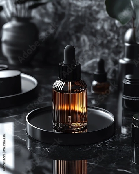 Fototapeta Glass dropper bottle with amber liquid on black tray, surrounded by other bottles and containers, on a marble surface.