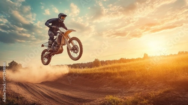 Obraz A motocross rider performing a jump at sunset, creating a dynamic and adventurous scene.