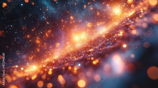 Fototapeta Vibrant cosmic scene filled with glowing orange and blue particles, resembling a galaxy or nebula in space