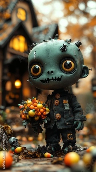 Fototapeta Wide-eyed, stitched-up doll resembling a zombie holds a bouquet of berries, standing in front of a spooky house