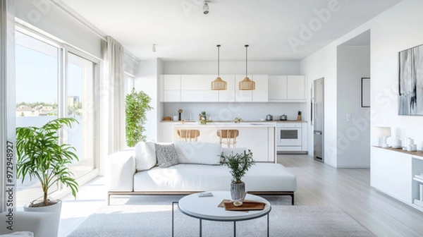 Obraz A bright and modern apartment with a white living room and kitchen.