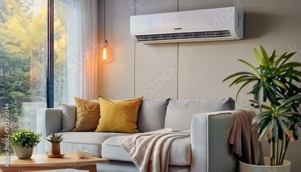 Fototapeta A modern, minimalist living room features a light grey sofa positioned against a white wall, beneath a mounted air conditioner.