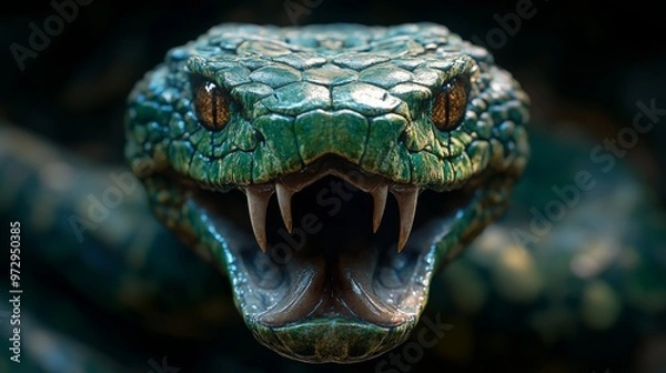 Fototapeta Close-up image of a snake with its mouth open, showcasing its sharp fangs and striking green scales