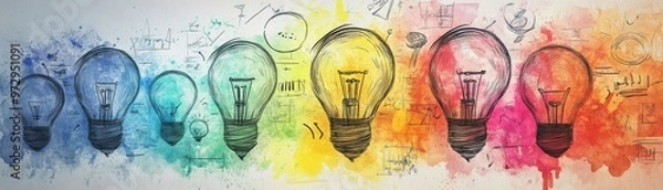 Fototapeta Colorful Light Bulbs Sketch on Watercolor Background   Creative Thinking Concept